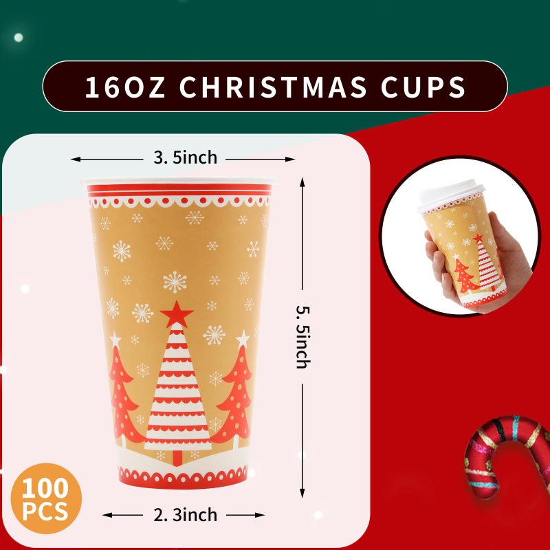 Tamone 100 PACK Christmas Cups 16OZ Disposable Coffee Cups with Lids, To Go Coffee Cups with Lids Leak Proof, Christmas Tree Paper Cups for Cold/Hot Coffee Beverage Chocolate Cocoa for Home Office - Image 2